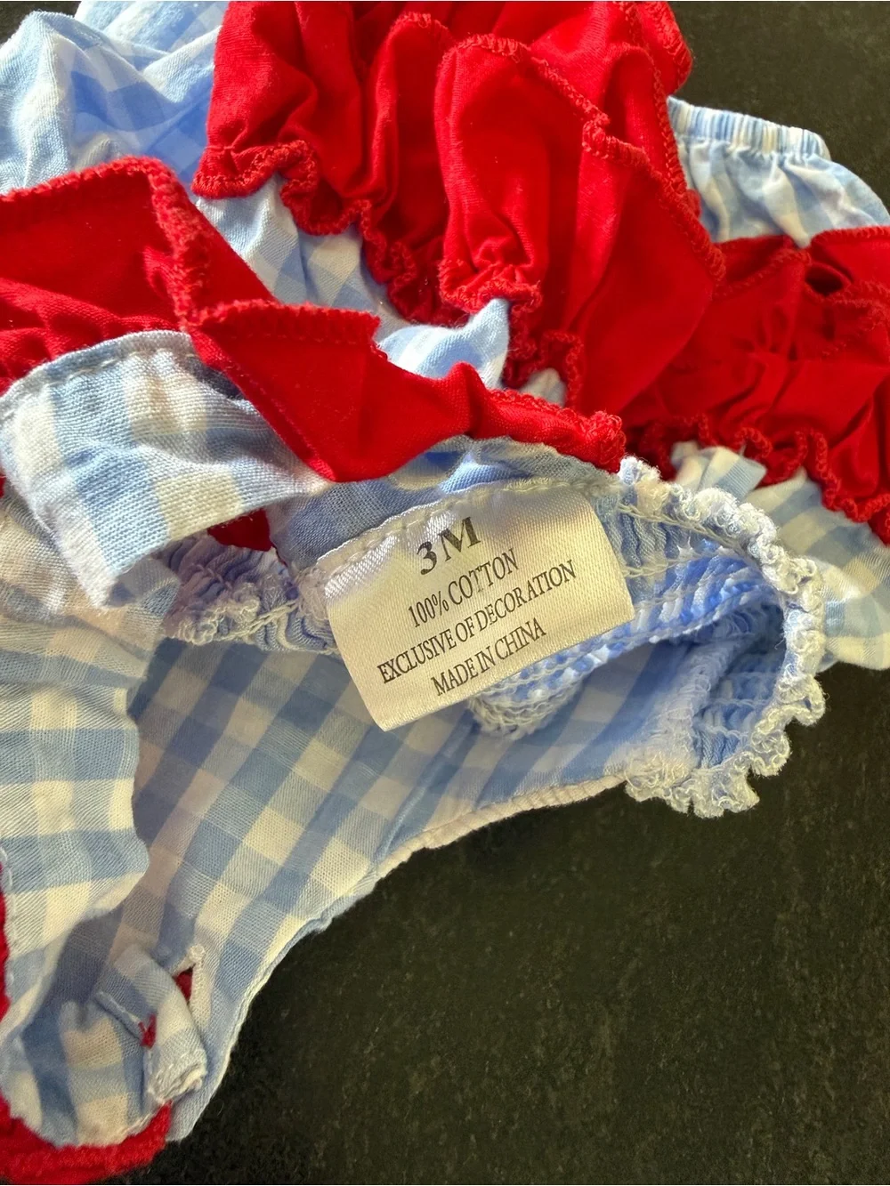 Blue Gingham Baby One-Piece with Red Ruffle Straps and Baseball Embroidery